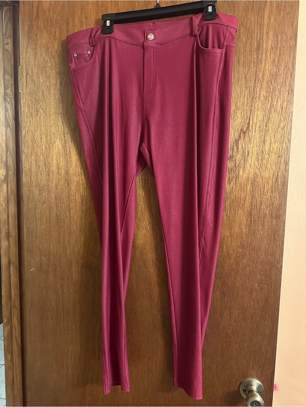 Yelete Berry Red Faux Leather Leggings